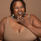 &HER caramel v neck bra on plus size model who is also a breast cancer thriver