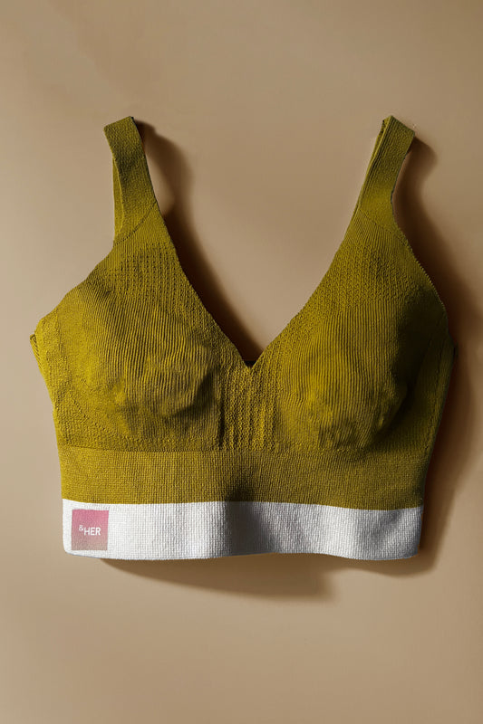 &HER Hemp collection in sulfur gold V neck crop bra