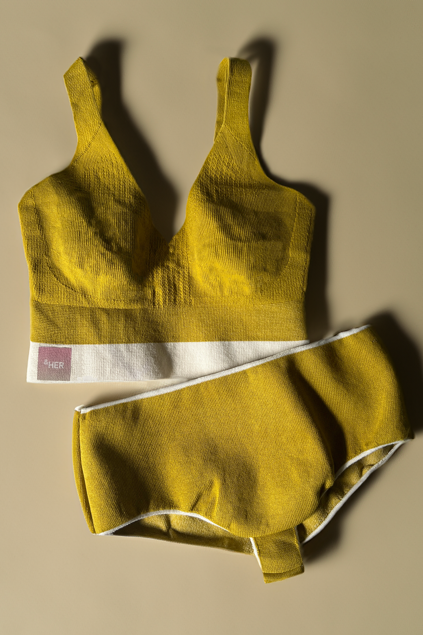 &HER Hemp collection in sulfur gold V neck crop bra with panty