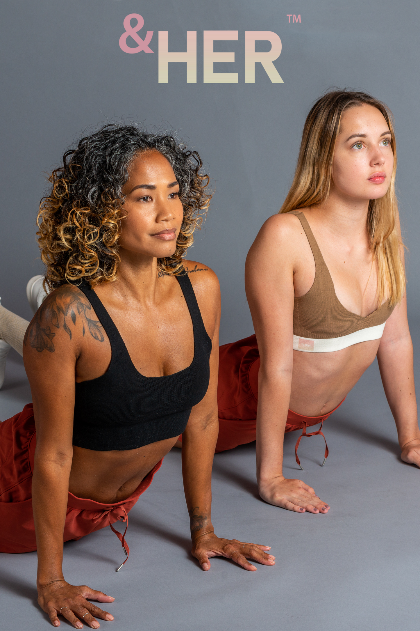 &HER black crew bra and caramel v neck bra