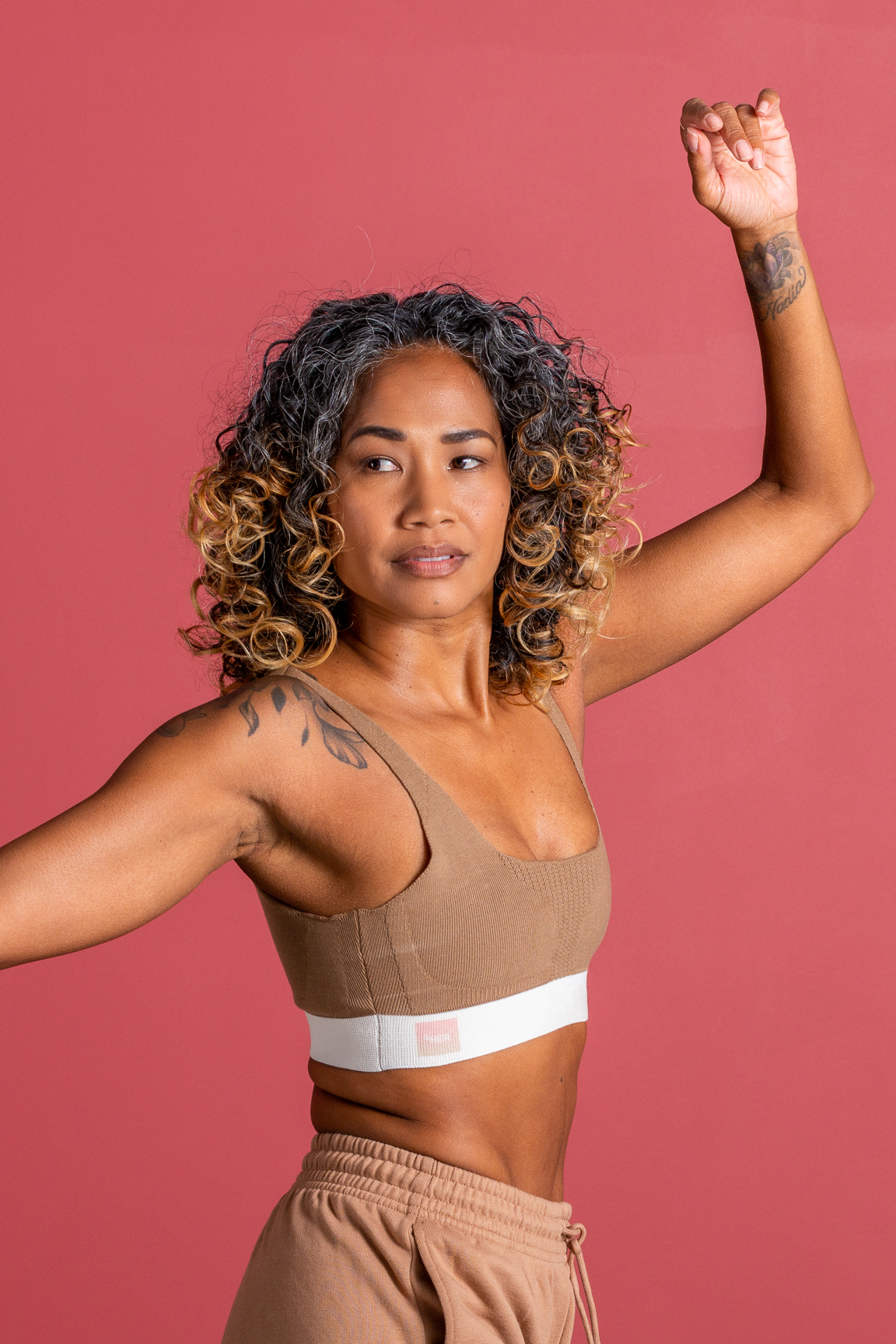 &HER caramel crew neck yoga bra