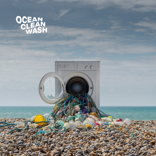 Credit of the image: Oceancleanwash.org.  An images of a washing machine on the beach. Plastic and fishnet overflowing out of the washing machine onto the sandy beach.