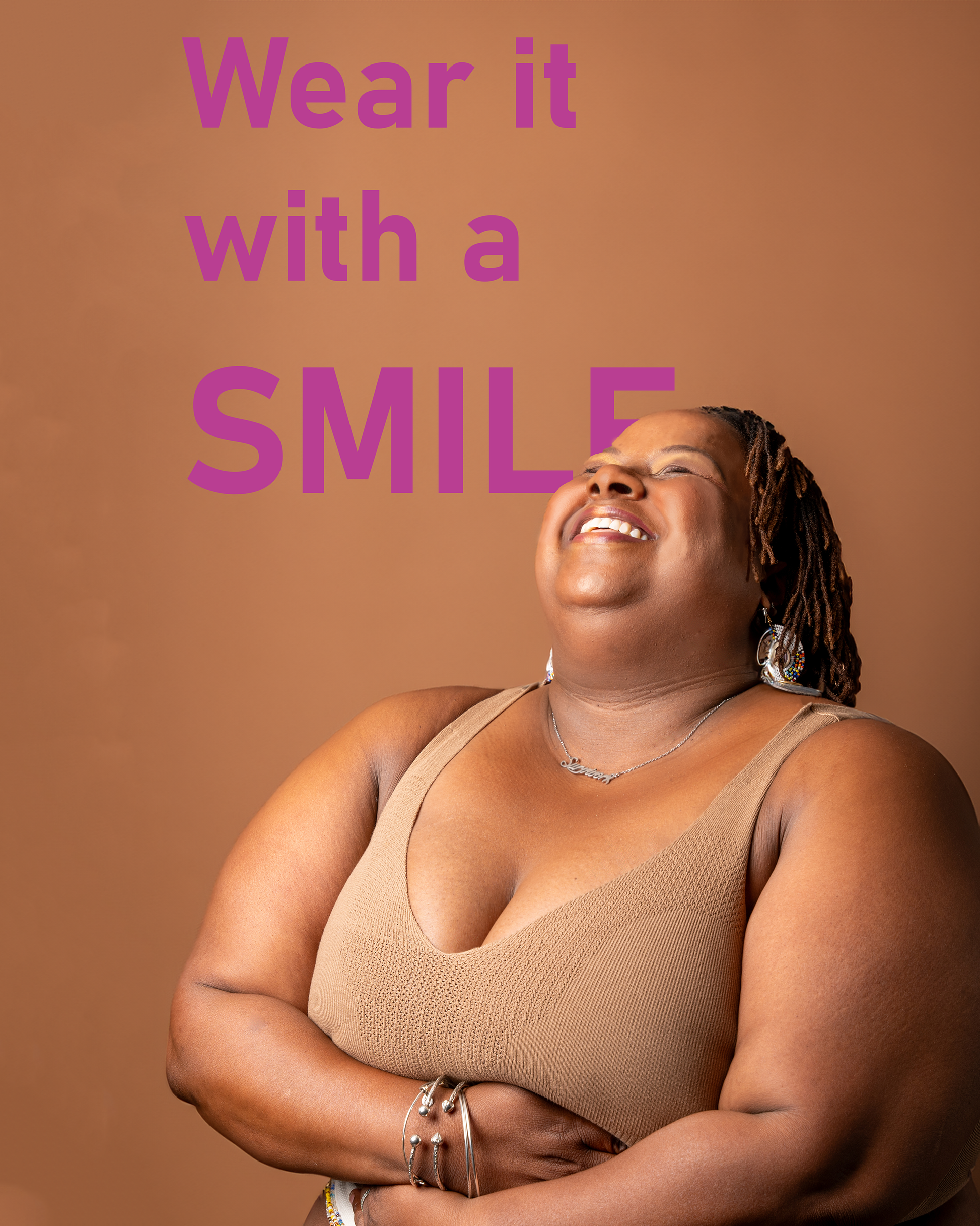 &HER caramel v neck bra on plus size model who is also a breast cancer thriver