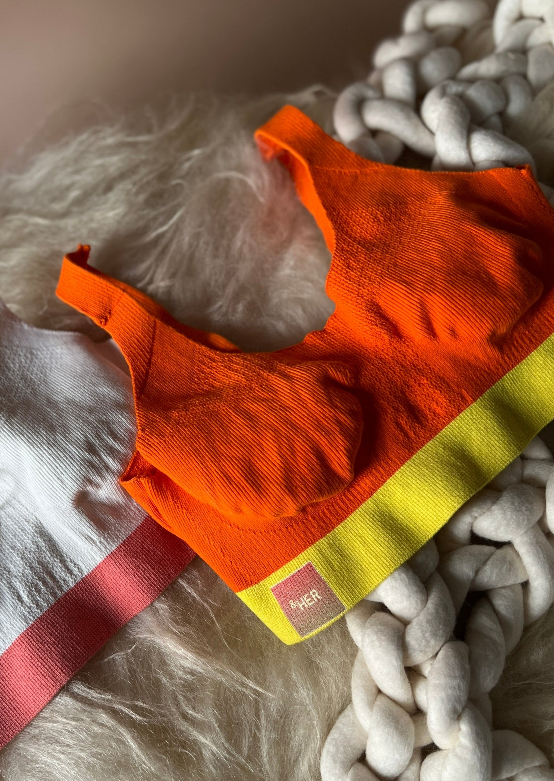 &HER color block bralette collection in neon colors cream, safety orange 