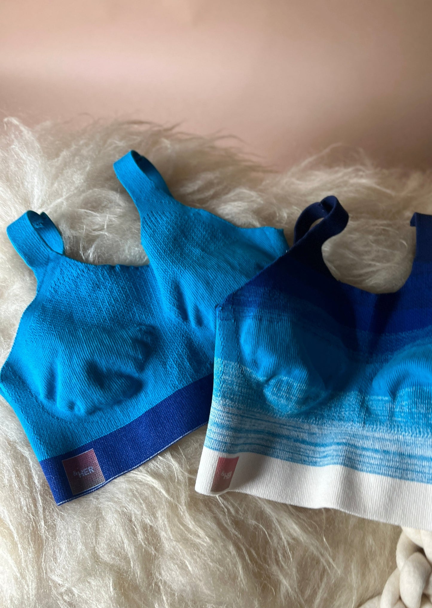 &HER crew bras in LED blue color block and ombre