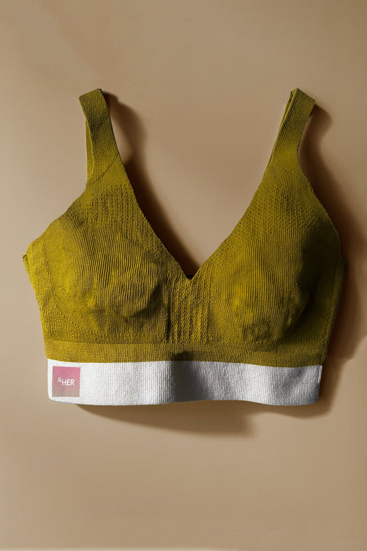 &HER Hemp collection in sulfur gold V neck bralette