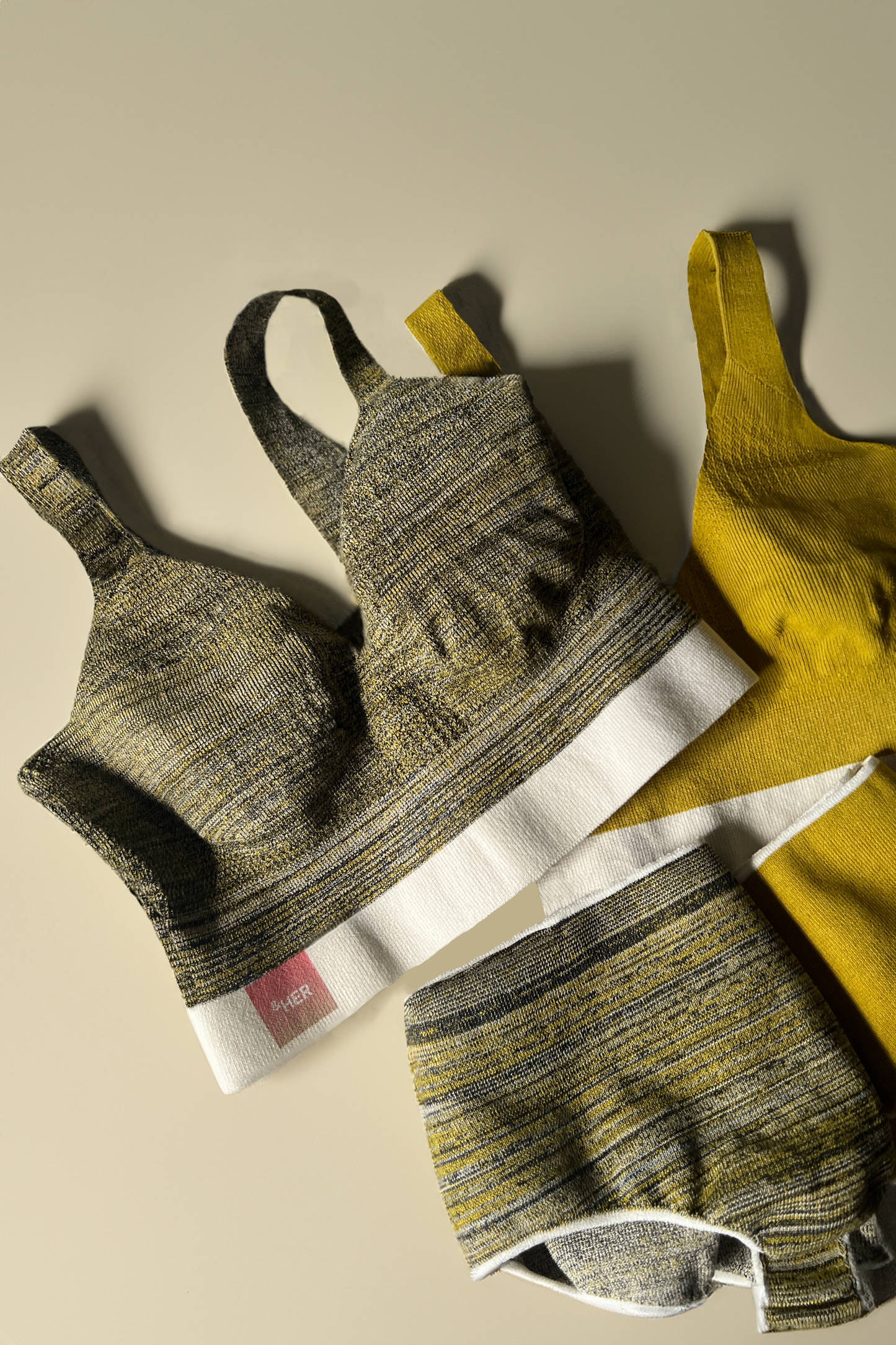 &HER Hemp collection in mineral jaspe V neck bralette and sulfur gold