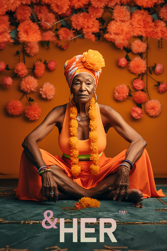 &HER safety orange on a mature woman of color interpreted by AI