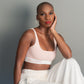 &Her customized bra in Blush with Goddess print.  This bra is customized, tailor made, and personalized. Model is Shernita.