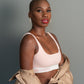 &Her customized bra in Blush with Goddess print.  This bra is customized, tailor made, and personalized. Model is Shernita.