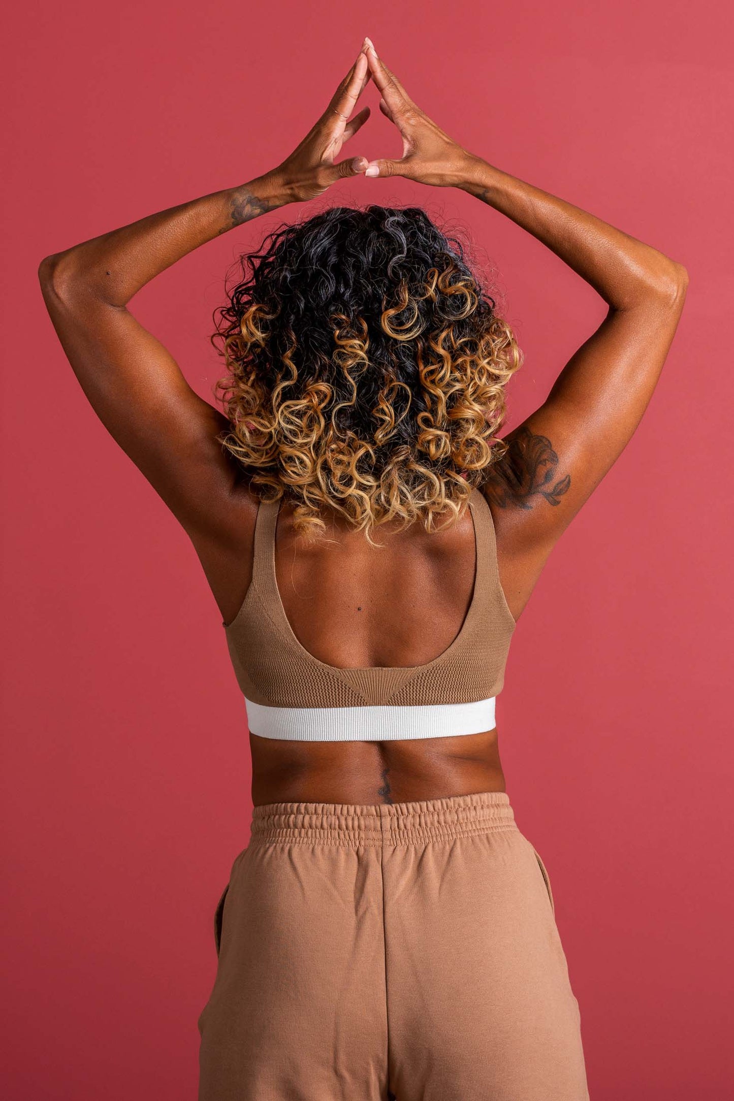 &HER caramel crew neck yoga bra back view